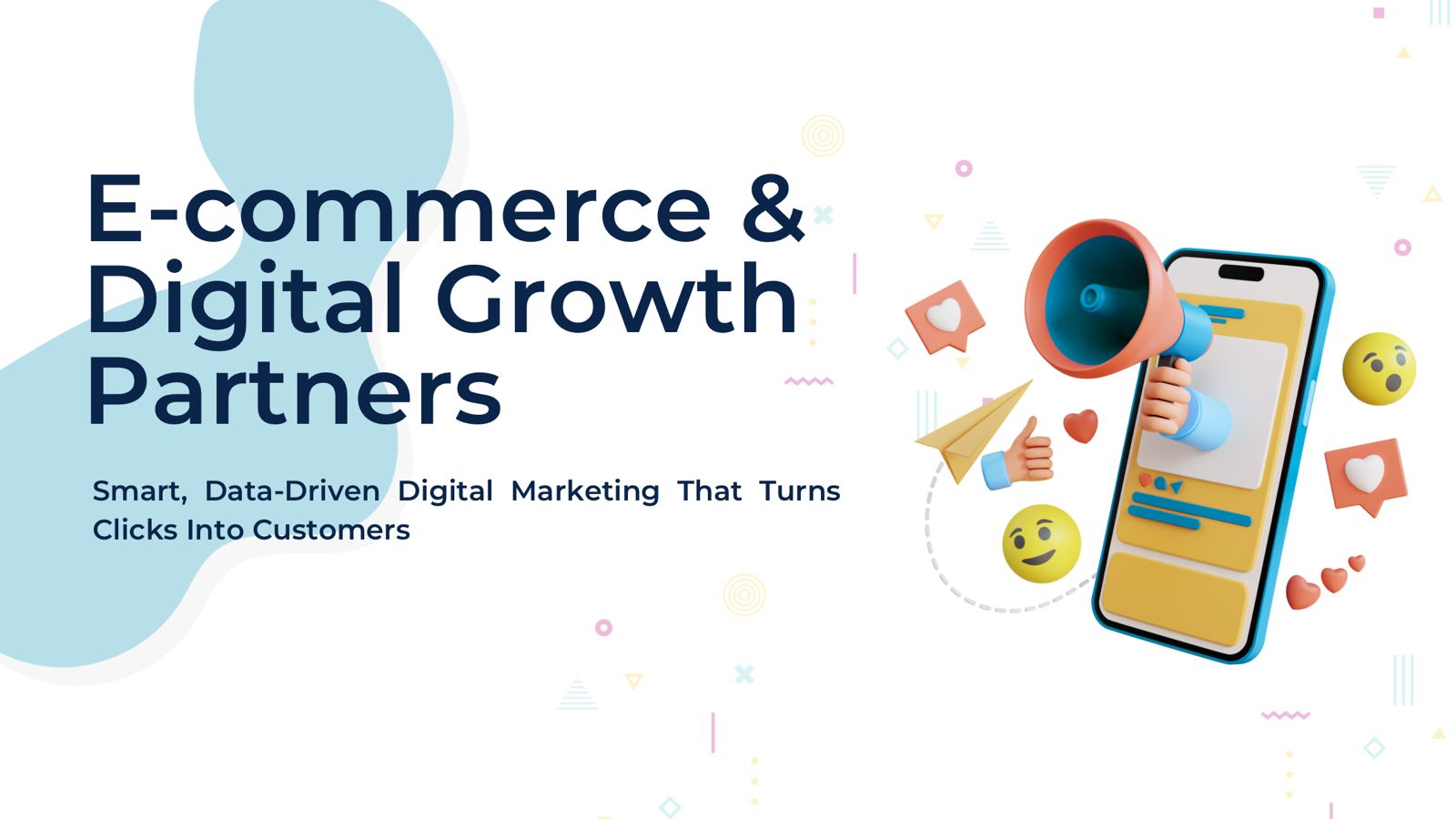 E-commerce and digital growth partners banner with smartphone megaphone illustration and marketing icons