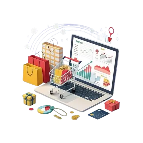 Digital marketing concept showing online advertising, SEO, social media, and analytics strategies