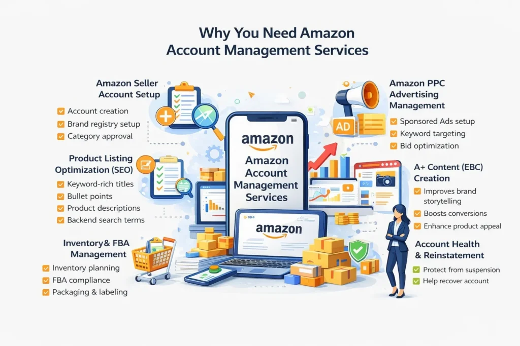 Amazon Account Management Services including seller account setup, listing optimization, PPC management, A+ content, FBA management, and account health support