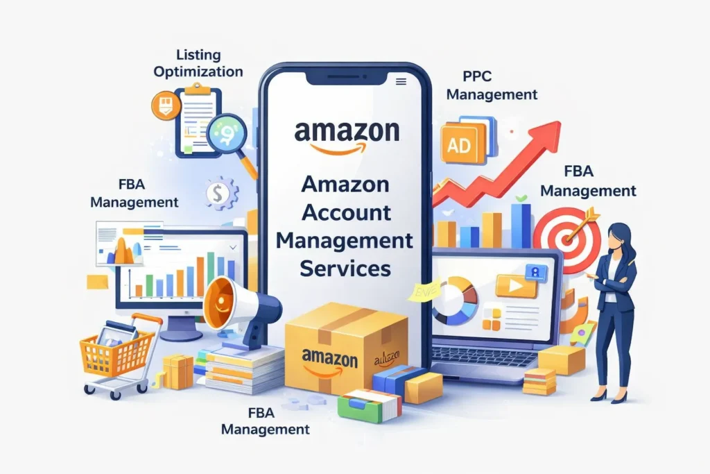 Amazon Account Management Services showing listing optimization, PPC management, FBA management, and seller account growth strategy