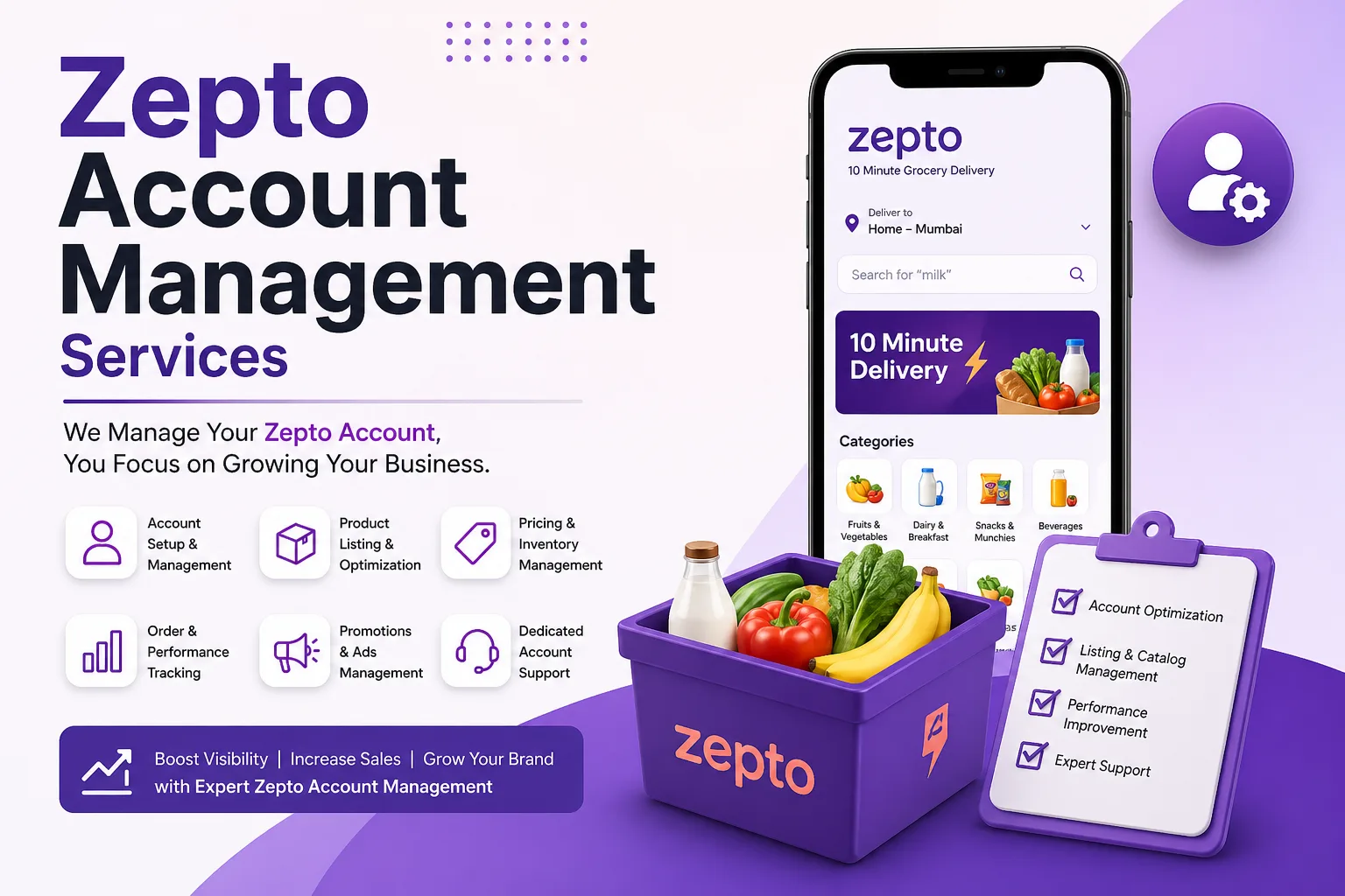Zepto account management services for sellers with marketplace optimization, product listing, and sales growth strategies