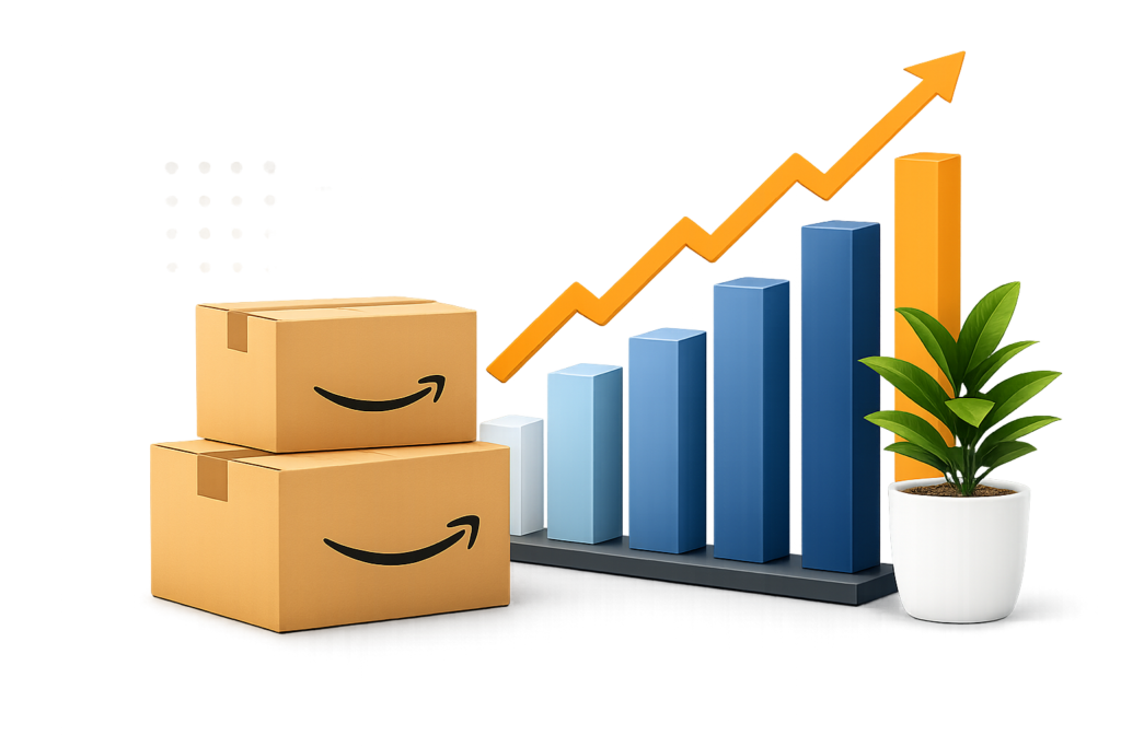 Two Amazon boxes sit beside a rising blue bar chart with an orange growth arrow, and a potted plant on the right—symbolizing business growth and shipping.