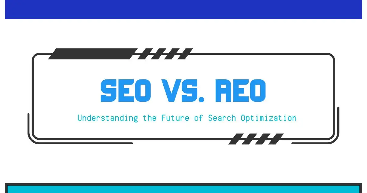 Banner showing the title 'SEO VS. AEO' with subtitle 'Understanding the Future of Search Optimization' inside a decorative framed border.