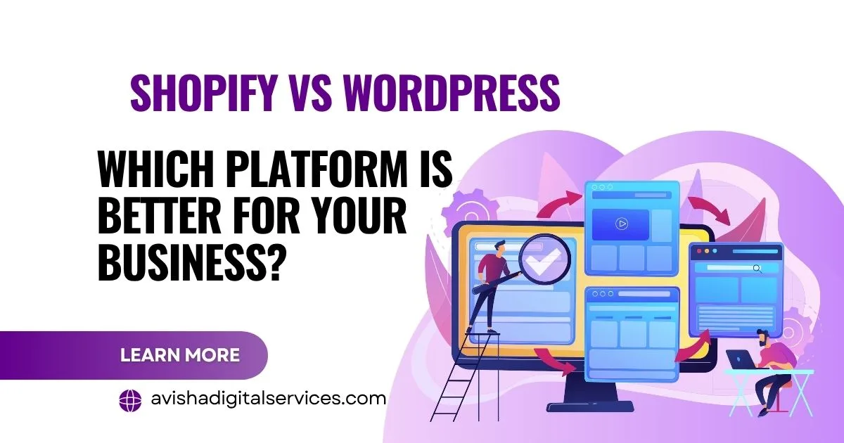 Shopify vs WordPress comparison infographic showing eCommerce, SEO, customization, web design, and business website development features.