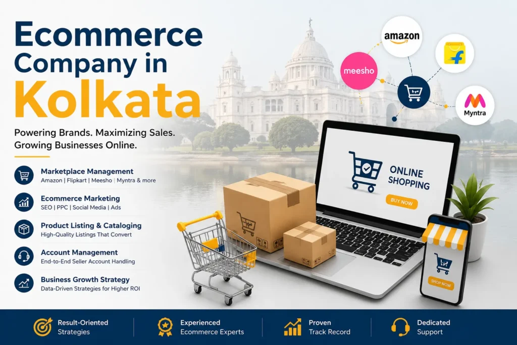 Marketing banner for a Kolkata ecommerce company showing a laptop with an online shopping screen, cardboard boxes, and a shopping cart with marketplace logos around.