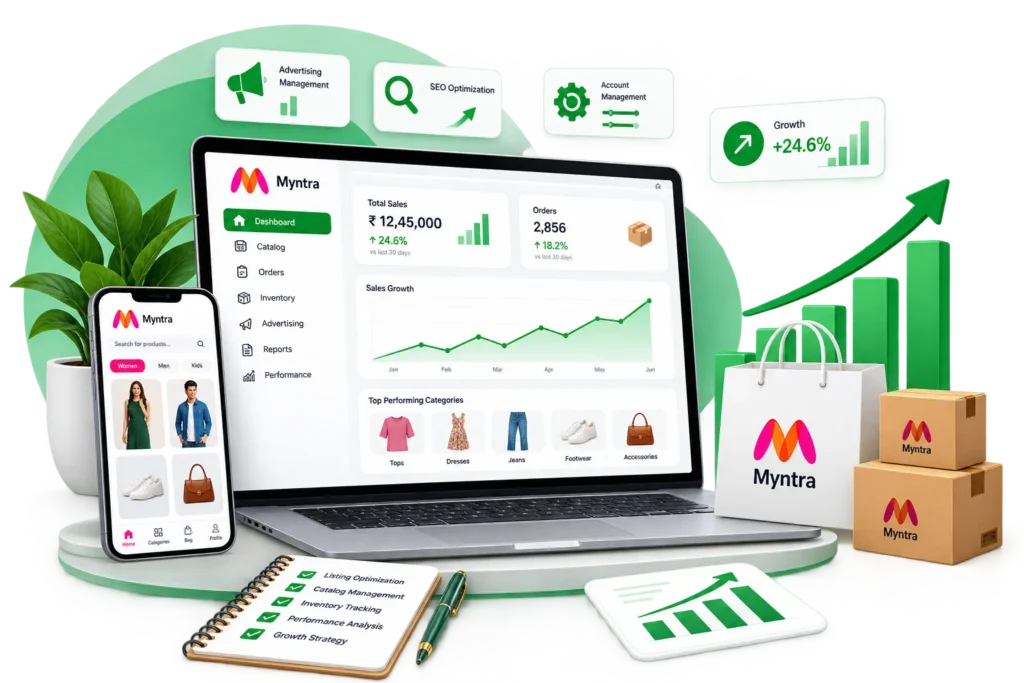 Dashboard view of Myntra analytics on a laptop with a mobile app, shopping bags, and boxes in the scene.